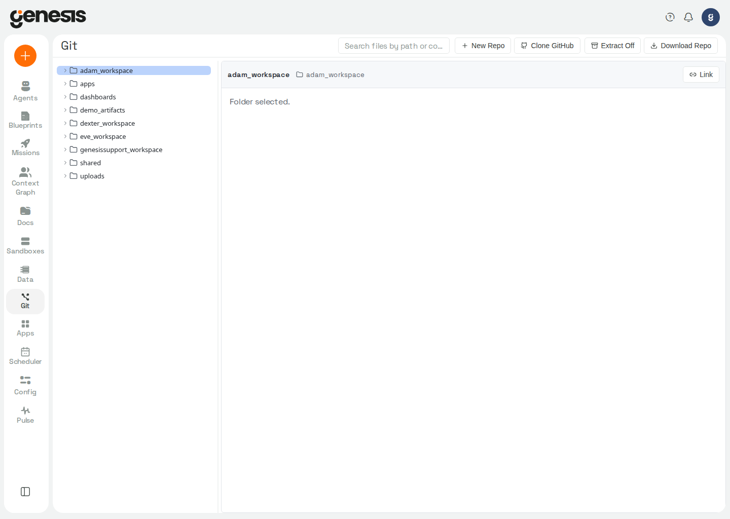 Actual Genesis Git Browser showing repository folders and Git workspace actions.