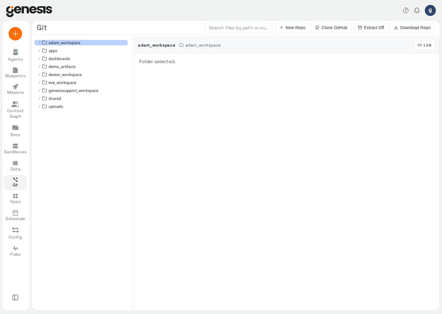 Actual Genesis Git Browser showing repository folders and Git workspace actions.