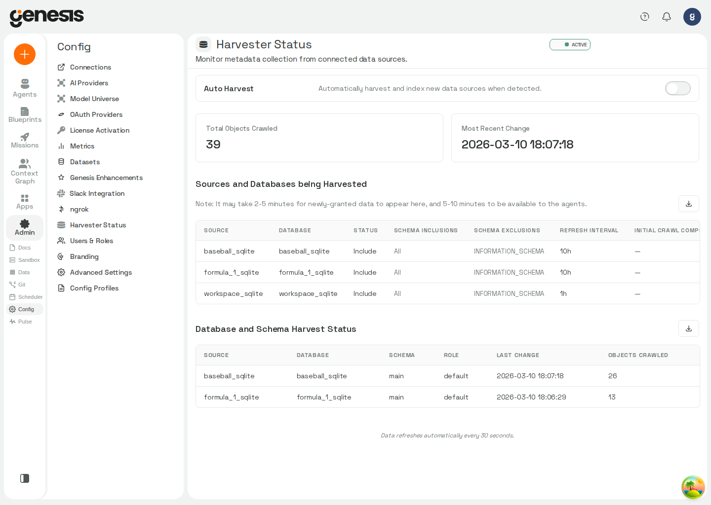Actual Genesis Harvester Status page showing source harvest state and crawl metrics.