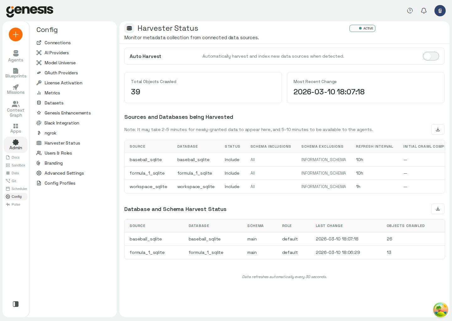Actual Genesis Harvester Status page showing source harvest state and crawl metrics.