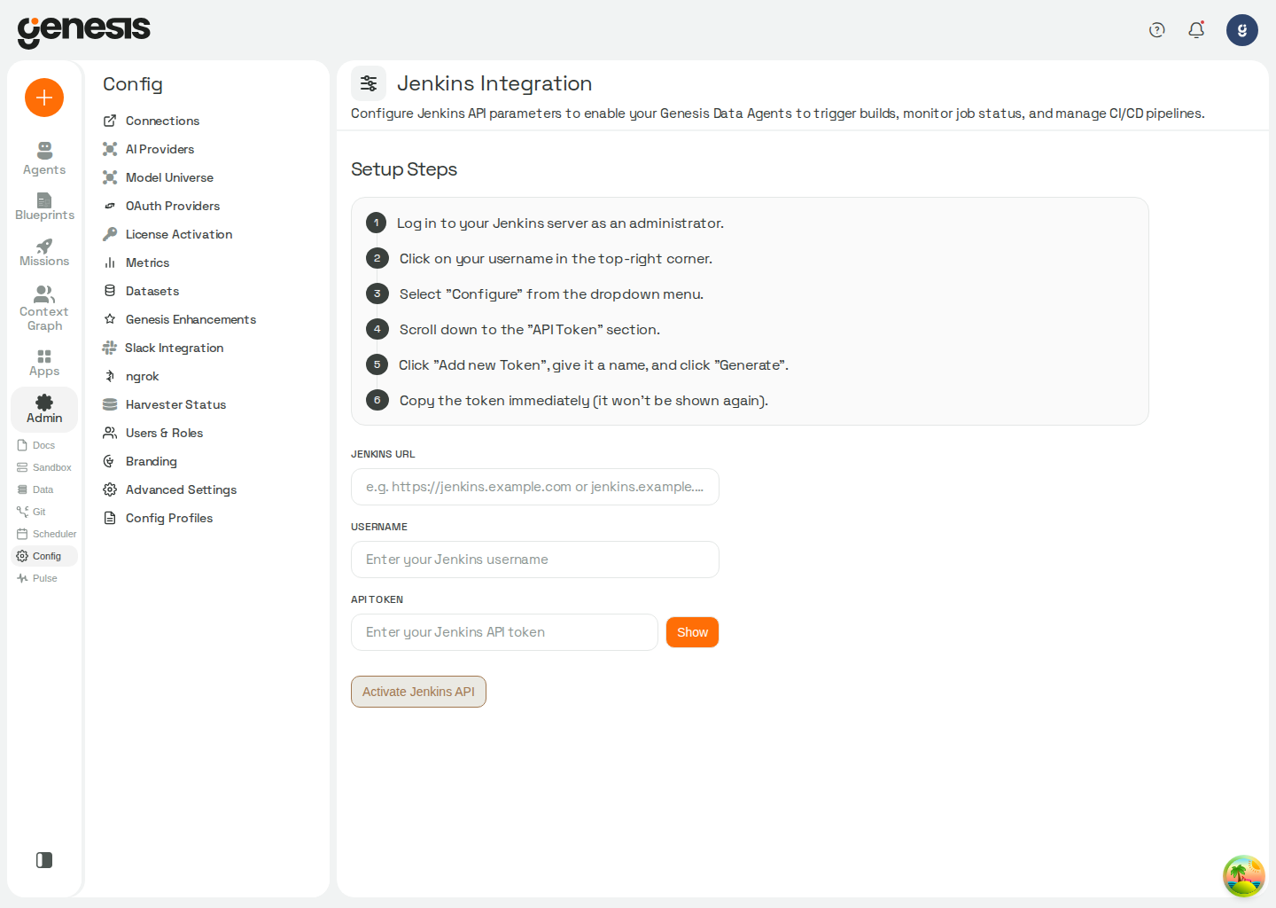 Actual Genesis Jenkins Integration page showing setup steps and API credential fields.