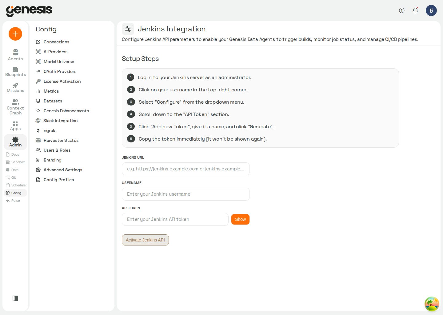 Actual Genesis Jenkins Integration page showing setup steps and API credential fields.