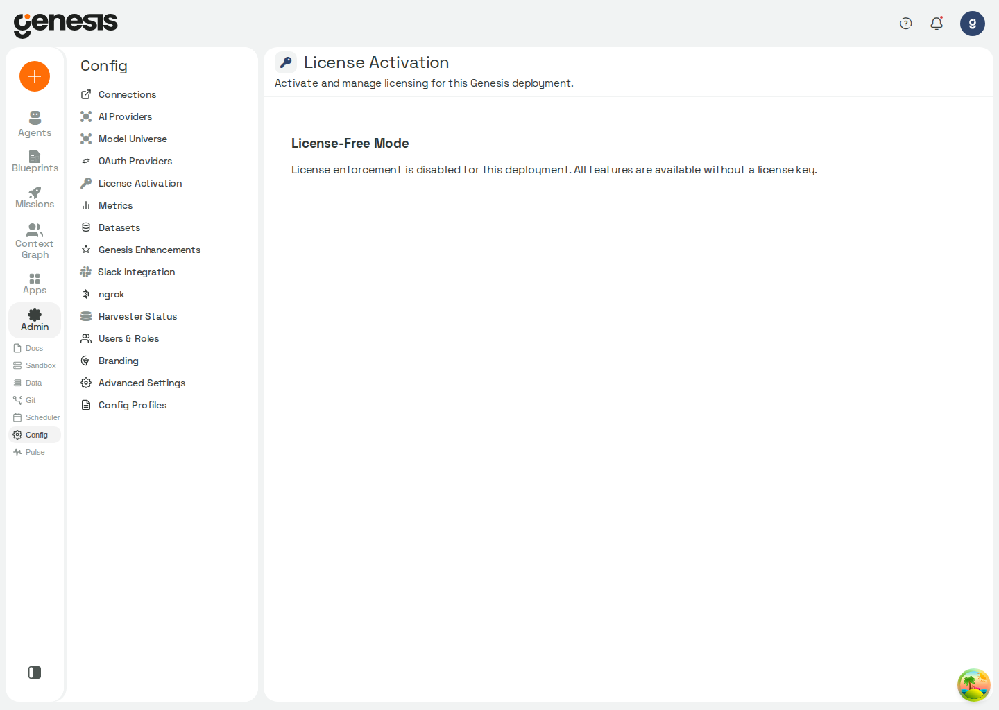 Actual Genesis License Activation page showing license-free mode state.