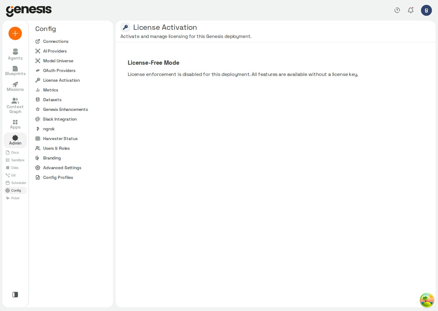Actual Genesis License Activation page showing license-free mode state.