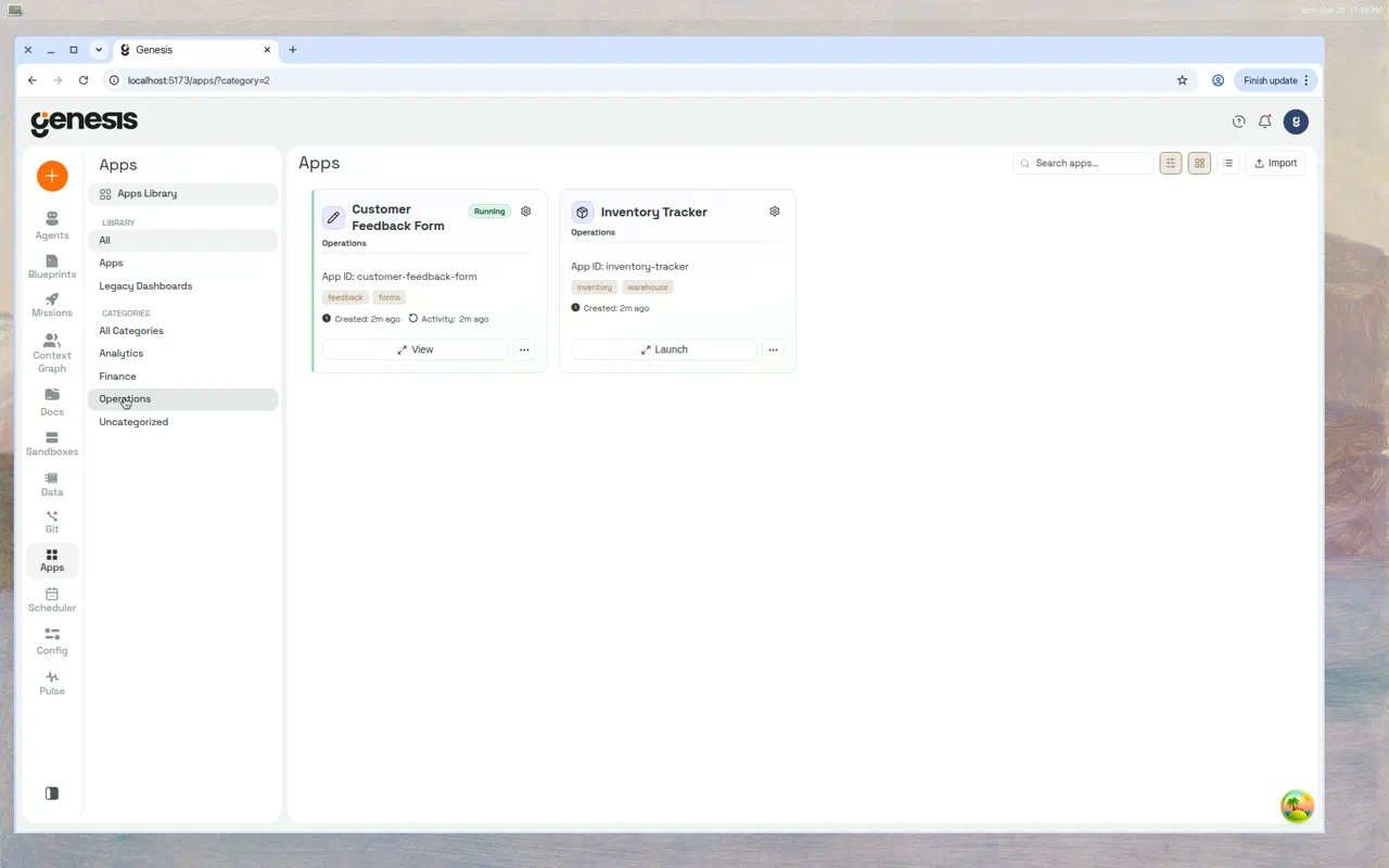 The Apps Library filtered to the Operations category, showing two apps: Customer Feedback Form (running) and Inventory Tracker (created).