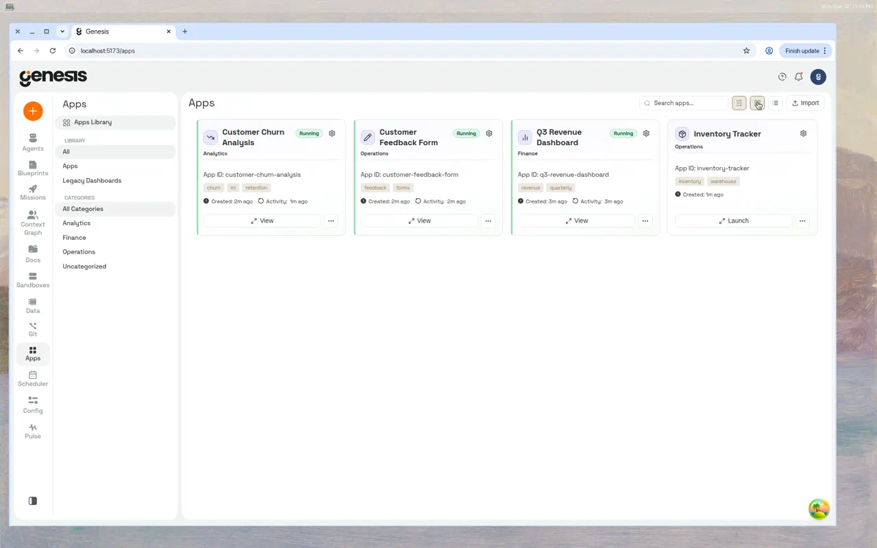 The Apps Library in grid view showing four app cards — Q3 Revenue Dashboard (running), Customer Feedback Form (running), Customer Churn Analysis (running), and Inventory Tracker (not started) — with category filters for Analytics, Finance, and Operations in the sidebar.