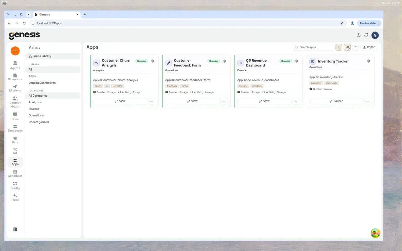 The Apps Library in grid view showing four app cards — Q3 Revenue Dashboard (running), Customer Feedback Form (running), Customer Churn Analysis (running), and Inventory Tracker (not started) — with category filters for Analytics, Finance, and Operations in the sidebar.