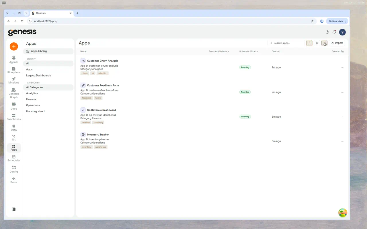 The Apps Library in table view showing all four apps with their status, category, and tags in a compact layout.