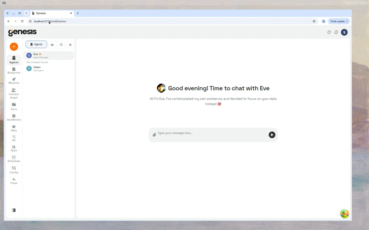 Chat interface with Eve, showing her welcome message and the message input at the bottom where you type your app request.