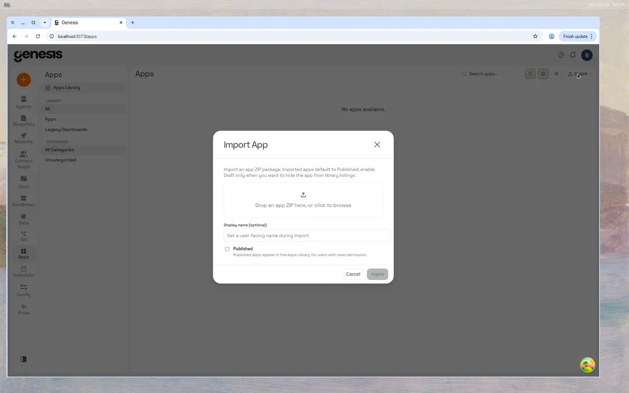 The Import App modal showing a drag-and-drop zone for ZIP files, an optional Display Name field, a Published checkbox, and Cancel/Import buttons.