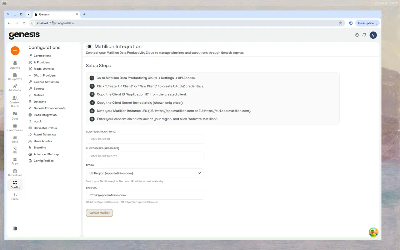 The Matillion Integration page with setup steps, credential fields, region selection, and the Activate Matillion button.