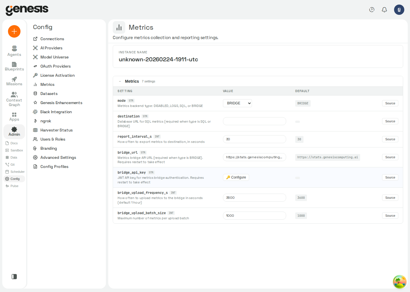 Actual Genesis Metrics page showing collection mode and reporting settings.