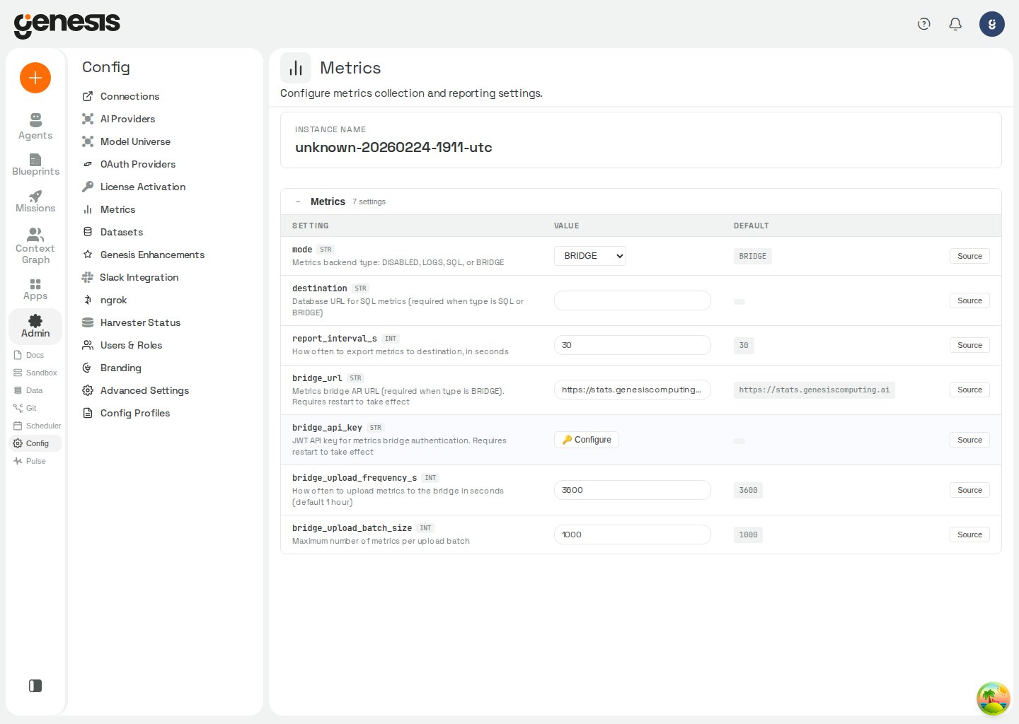Actual Genesis Metrics page showing collection mode and reporting settings.