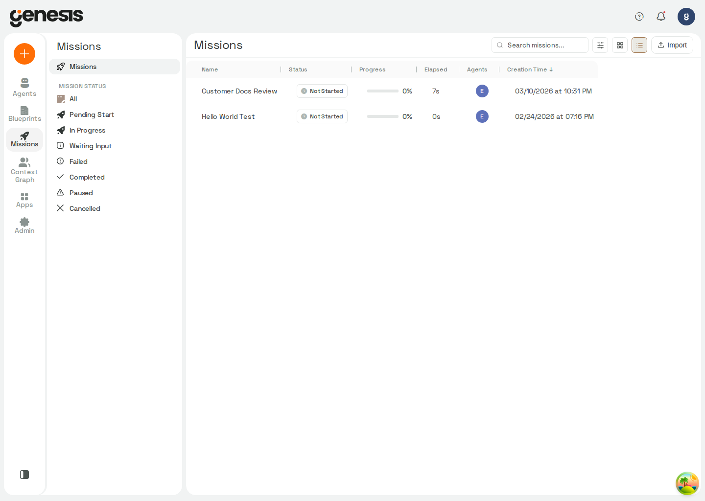 Actual Genesis Missions page showing mission list, status filters, and import controls.