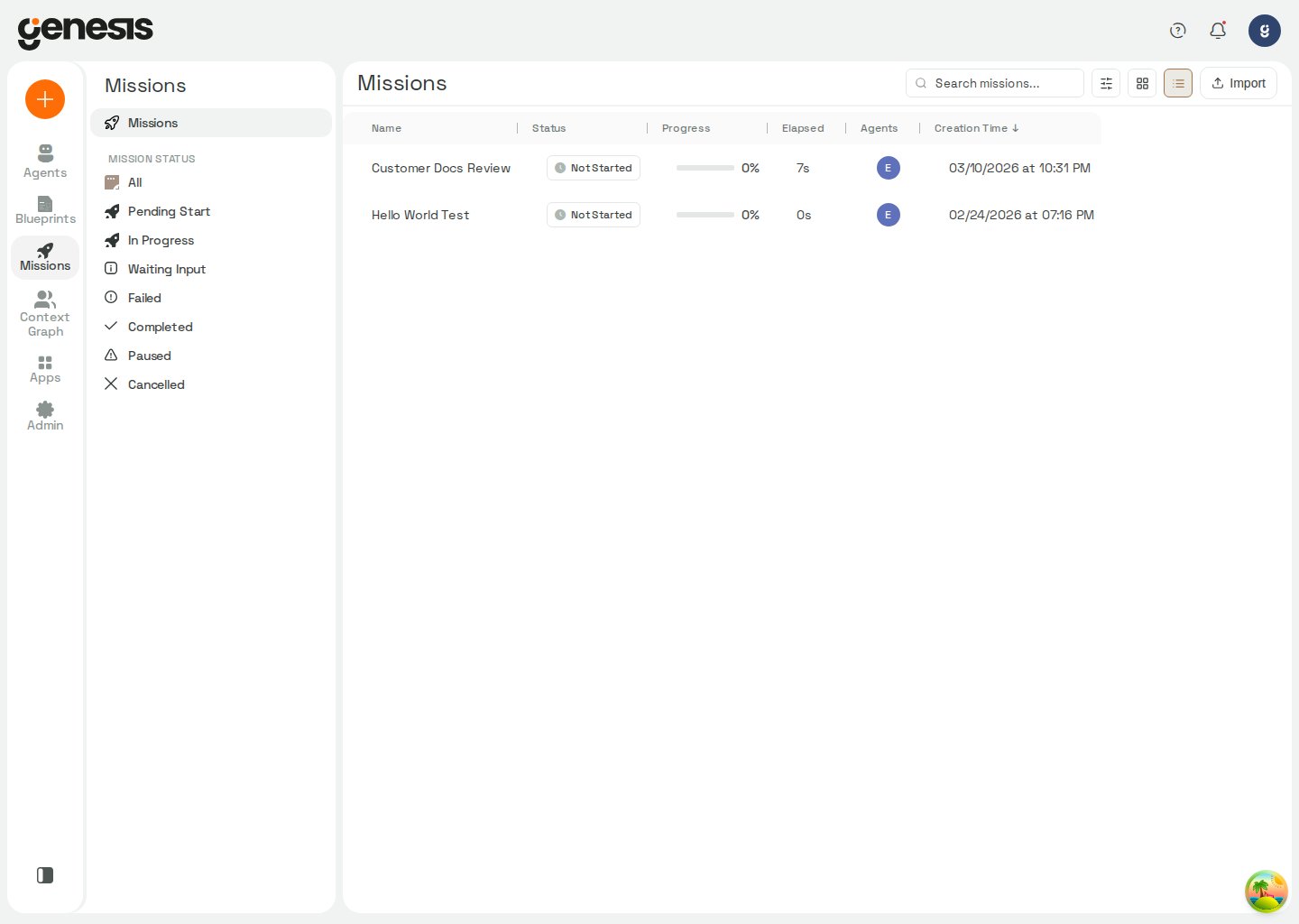 Actual Genesis Missions page showing mission list, status filters, and import controls.