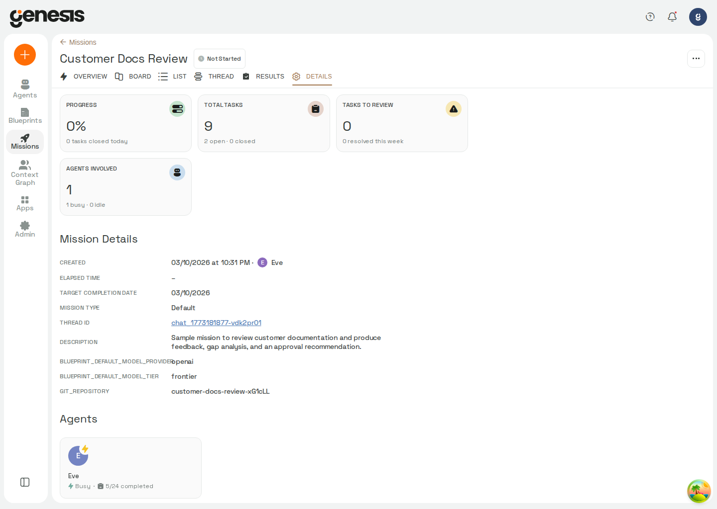 Actual Genesis mission details page showing progress cards, tabs, and mission metadata.