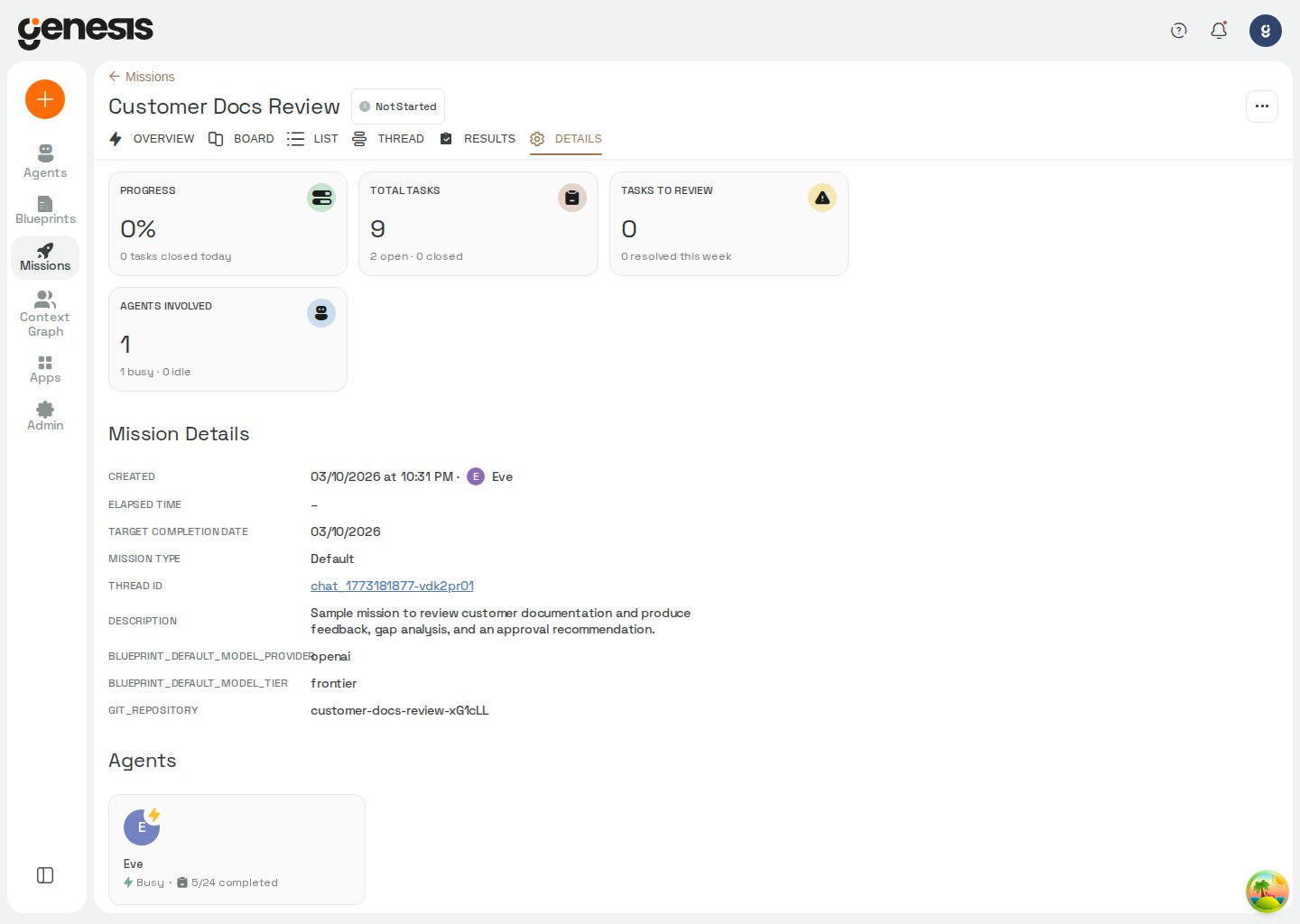 Actual Genesis mission details page showing progress cards, tabs, and mission metadata.