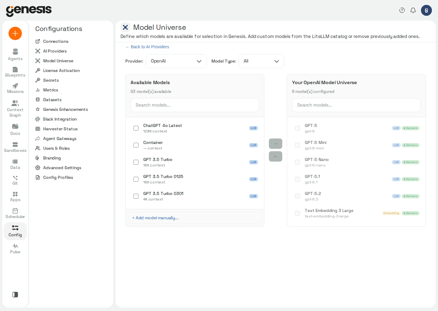 Actual Genesis Model Universe page showing provider catalog models and the configured model universe.