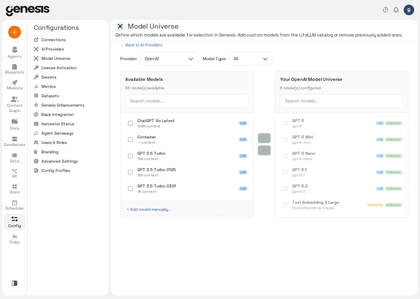 Actual Genesis Model Universe page showing provider catalog models and the configured model universe.