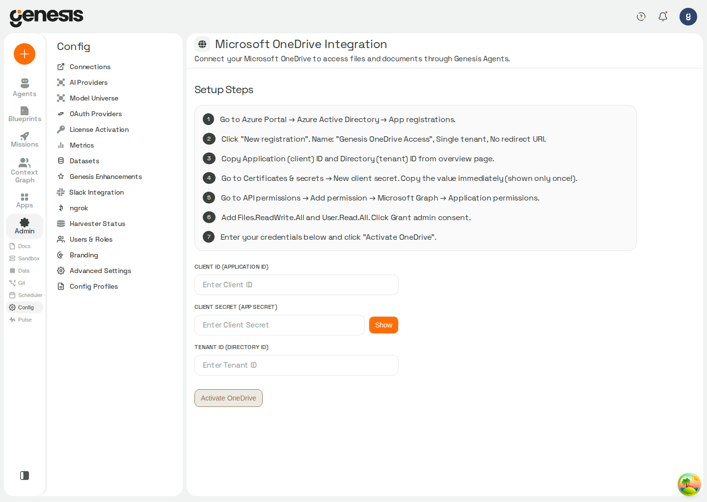 Actual Genesis Microsoft OneDrive Integration page showing Azure app setup steps and credential fields.