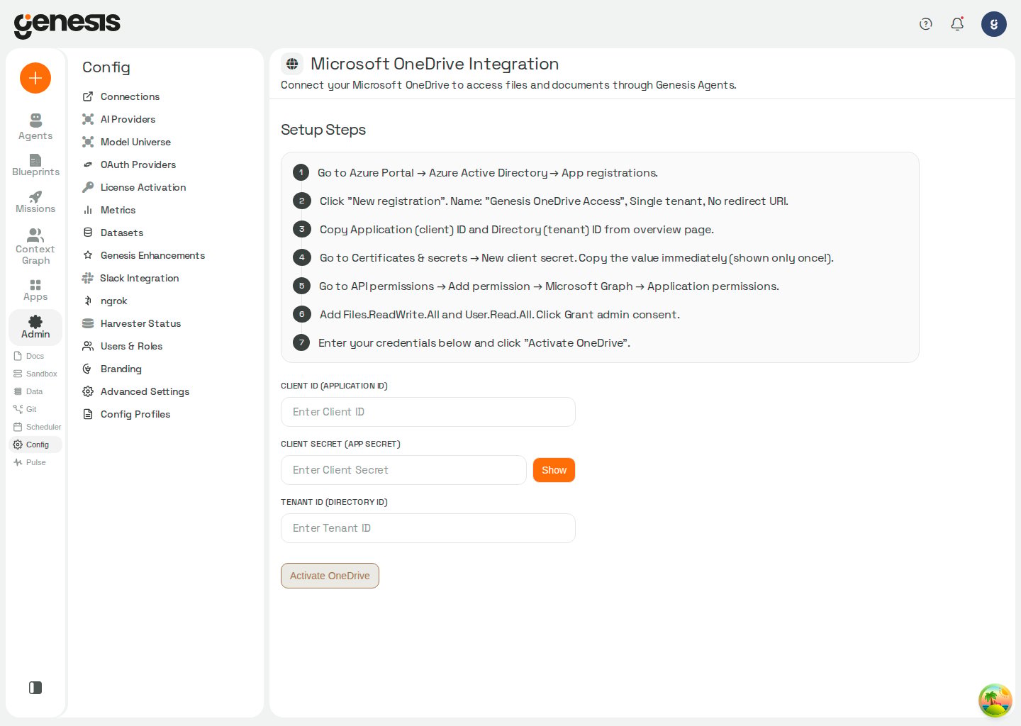 Actual Genesis Microsoft OneDrive Integration page showing Azure app setup steps and credential fields.