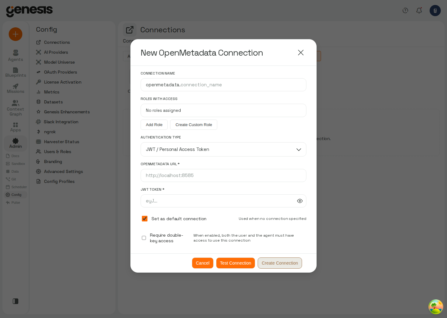 Actual Genesis New OpenMetadata Connection modal showing authentication and connection fields.