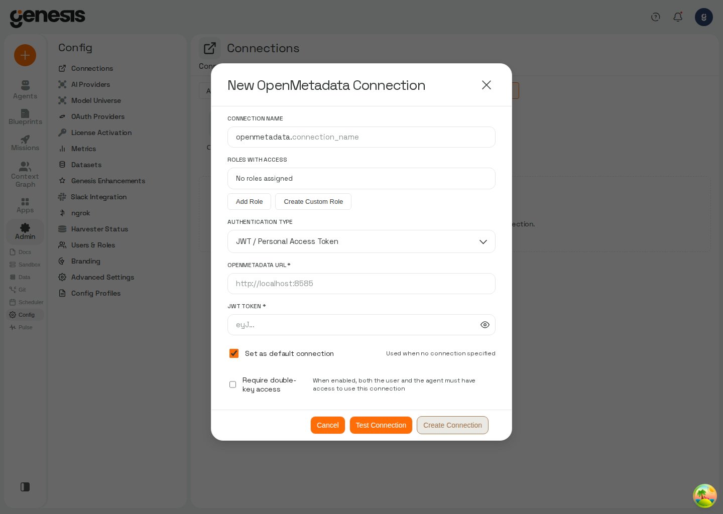 Actual Genesis New OpenMetadata Connection modal showing authentication and connection fields.