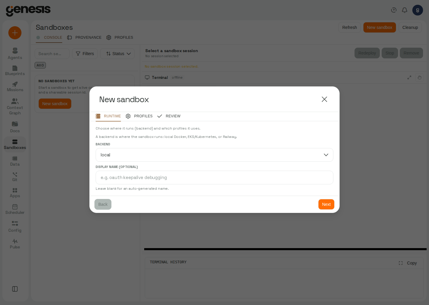 Actual Genesis New sandbox wizard opened from the Sandboxes page.