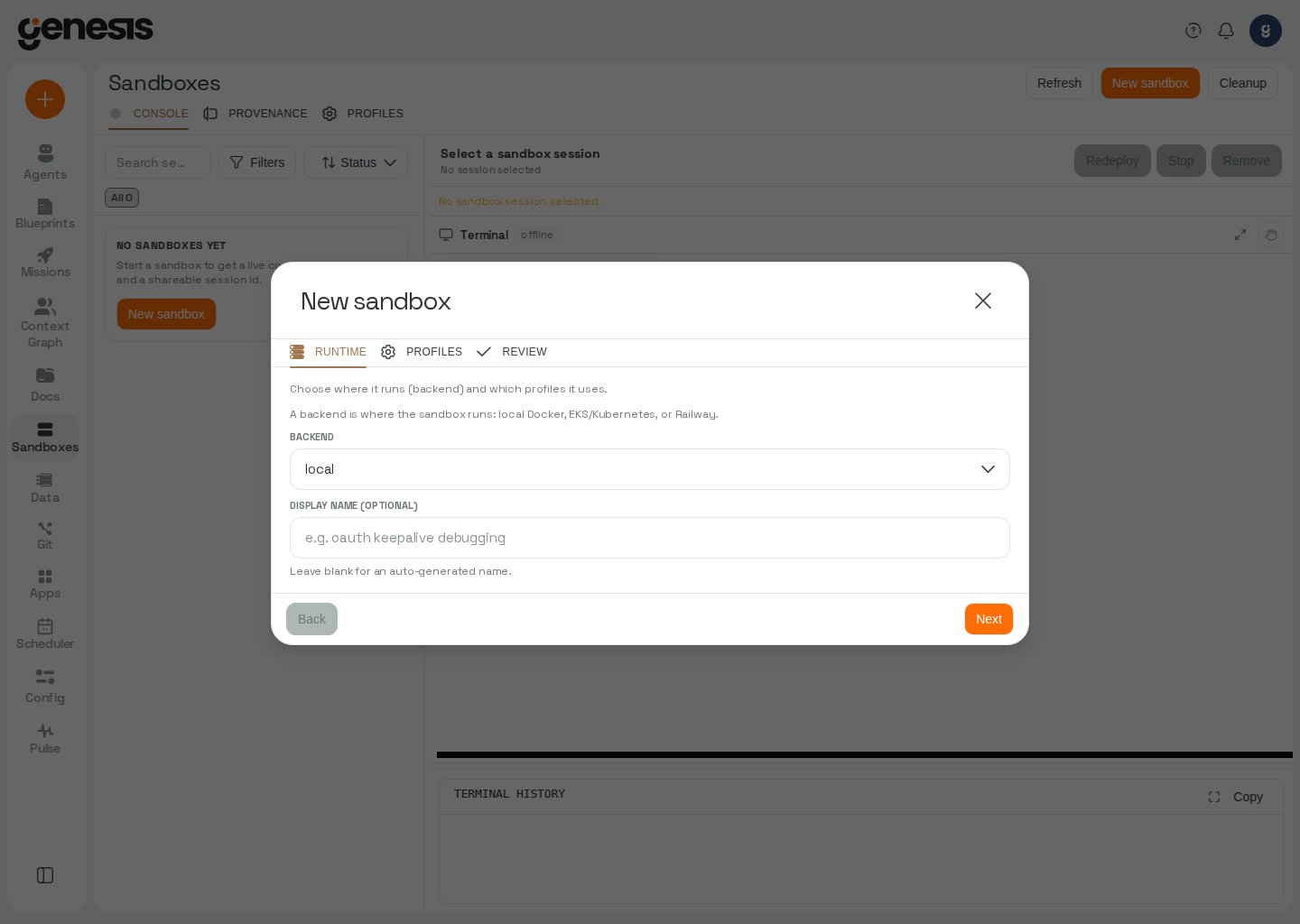 Actual Genesis New sandbox wizard opened from the Sandboxes page.