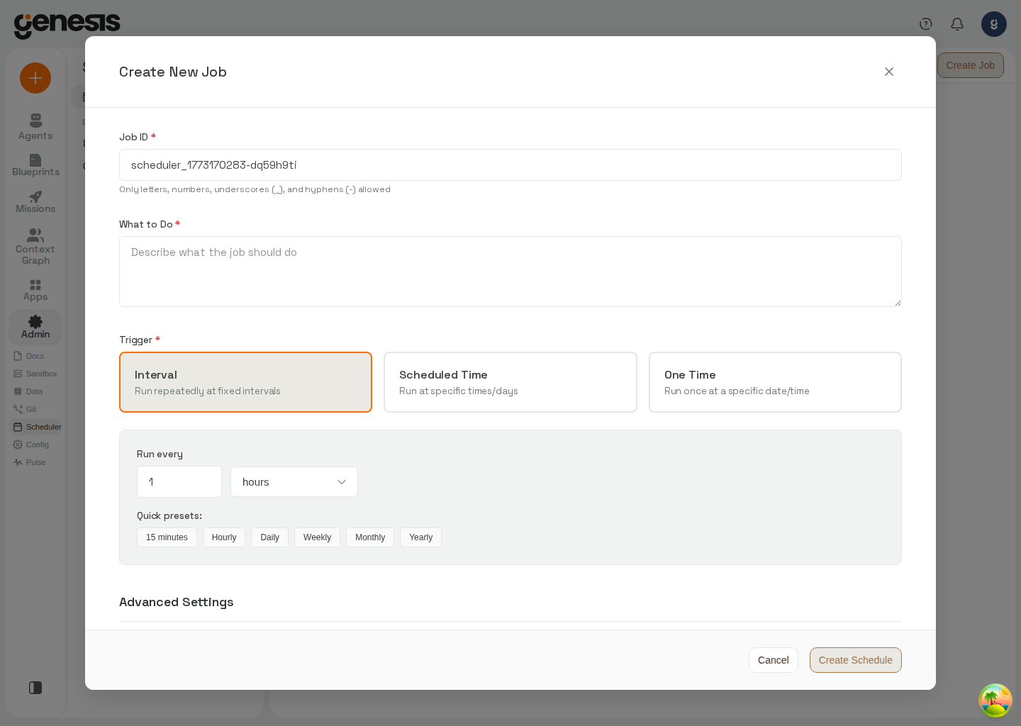 Actual Genesis Scheduler create-job modal from the running UI.