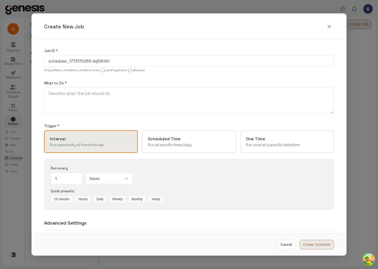 Actual Genesis Scheduler create-job modal from the running UI.