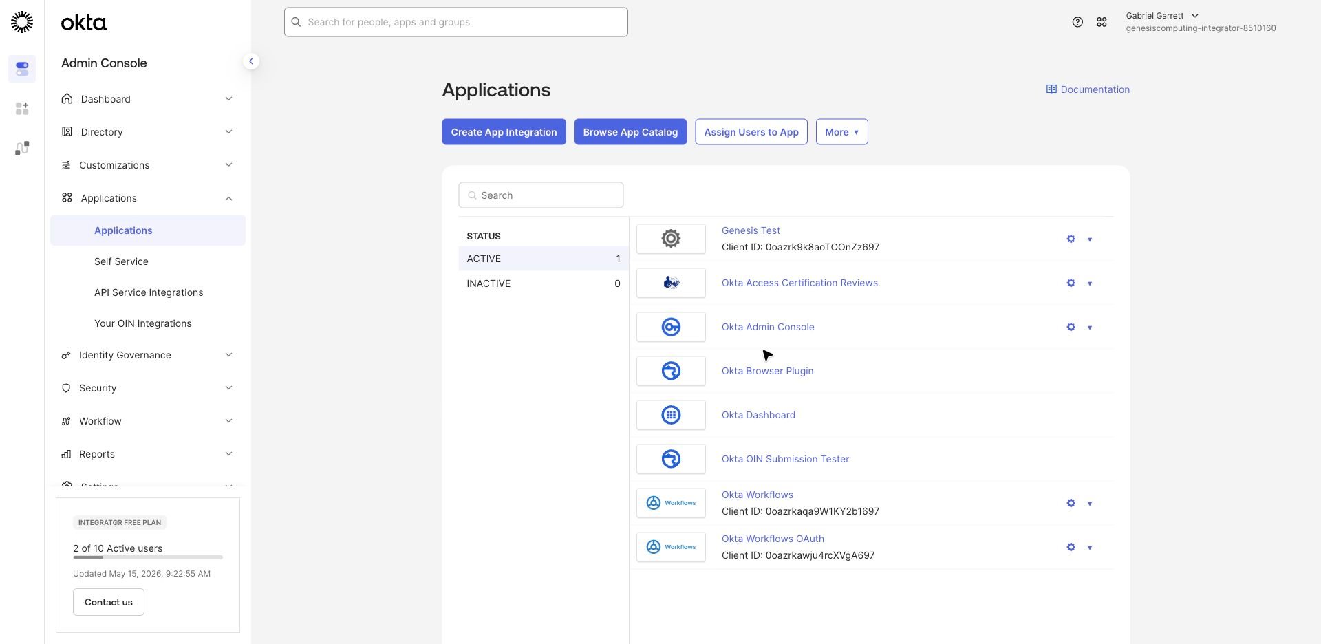 Okta applications list with the SCIM test app available.