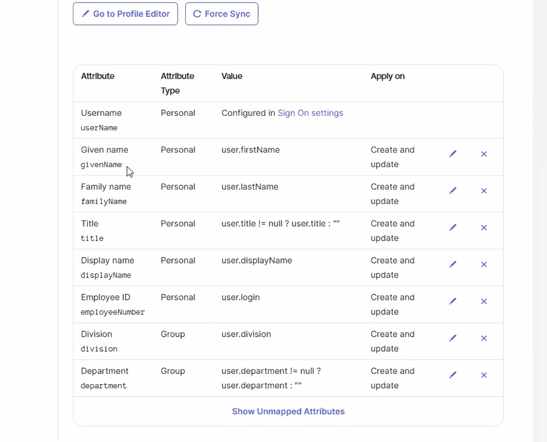 Okta attribute mappings for given name, family name, title, display name, employee number, division, and department.