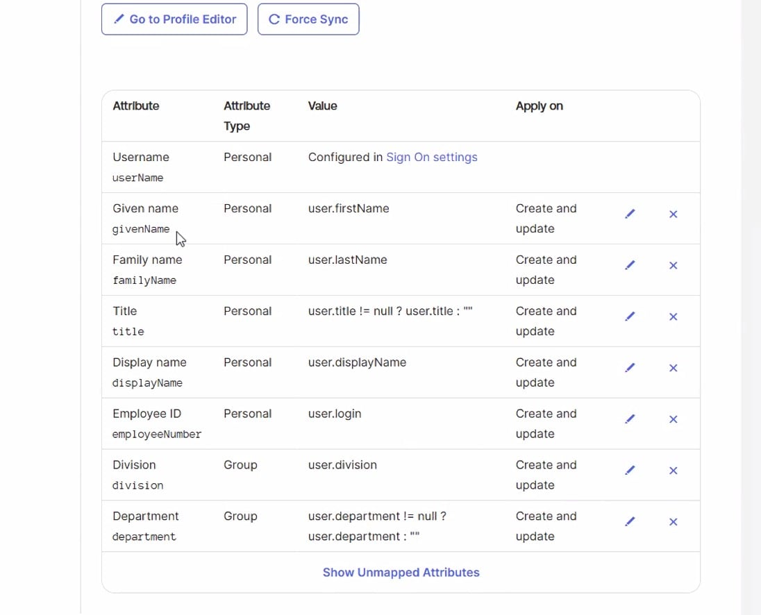 Okta attribute mappings for given name, family name, title, display name, employee number, division, and department.