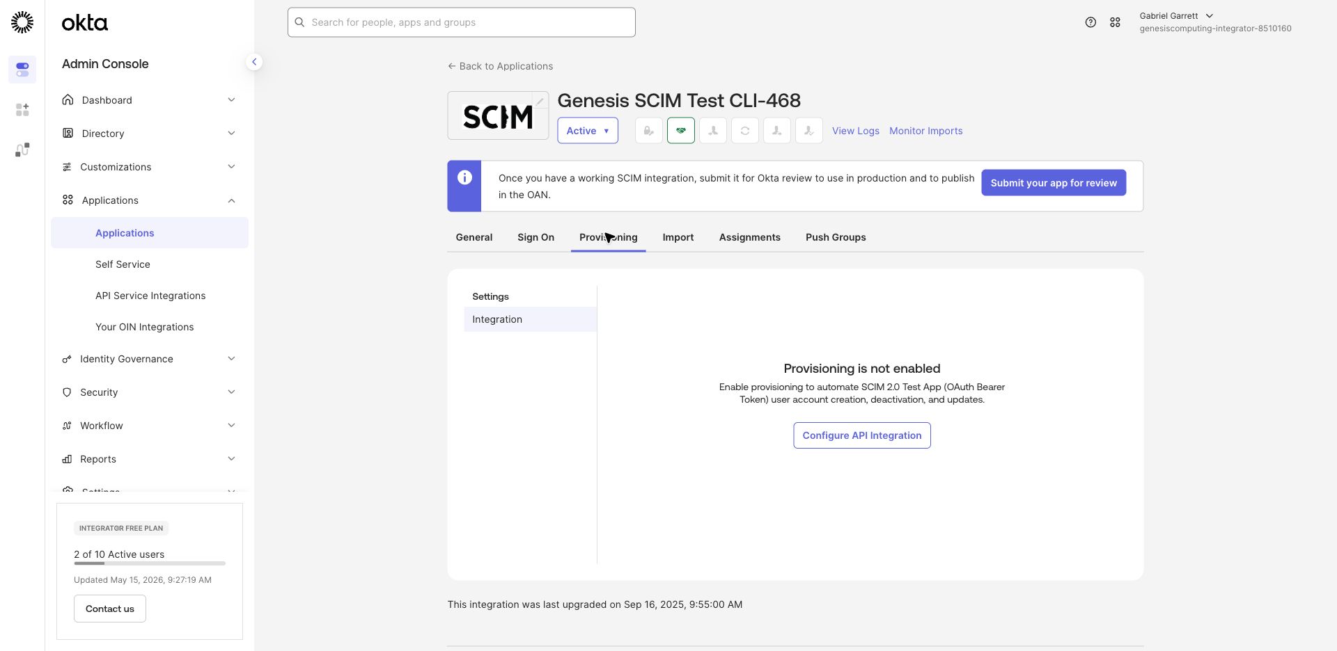 Okta Provisioning tab before API integration is enabled.