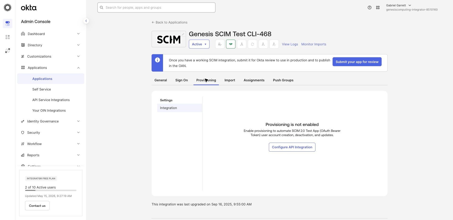 Okta Provisioning tab before API integration is enabled.