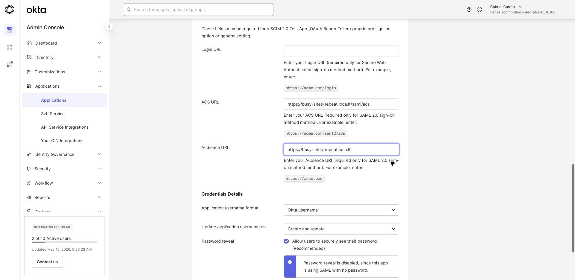 Okta Sign On settings for the SCIM test app.