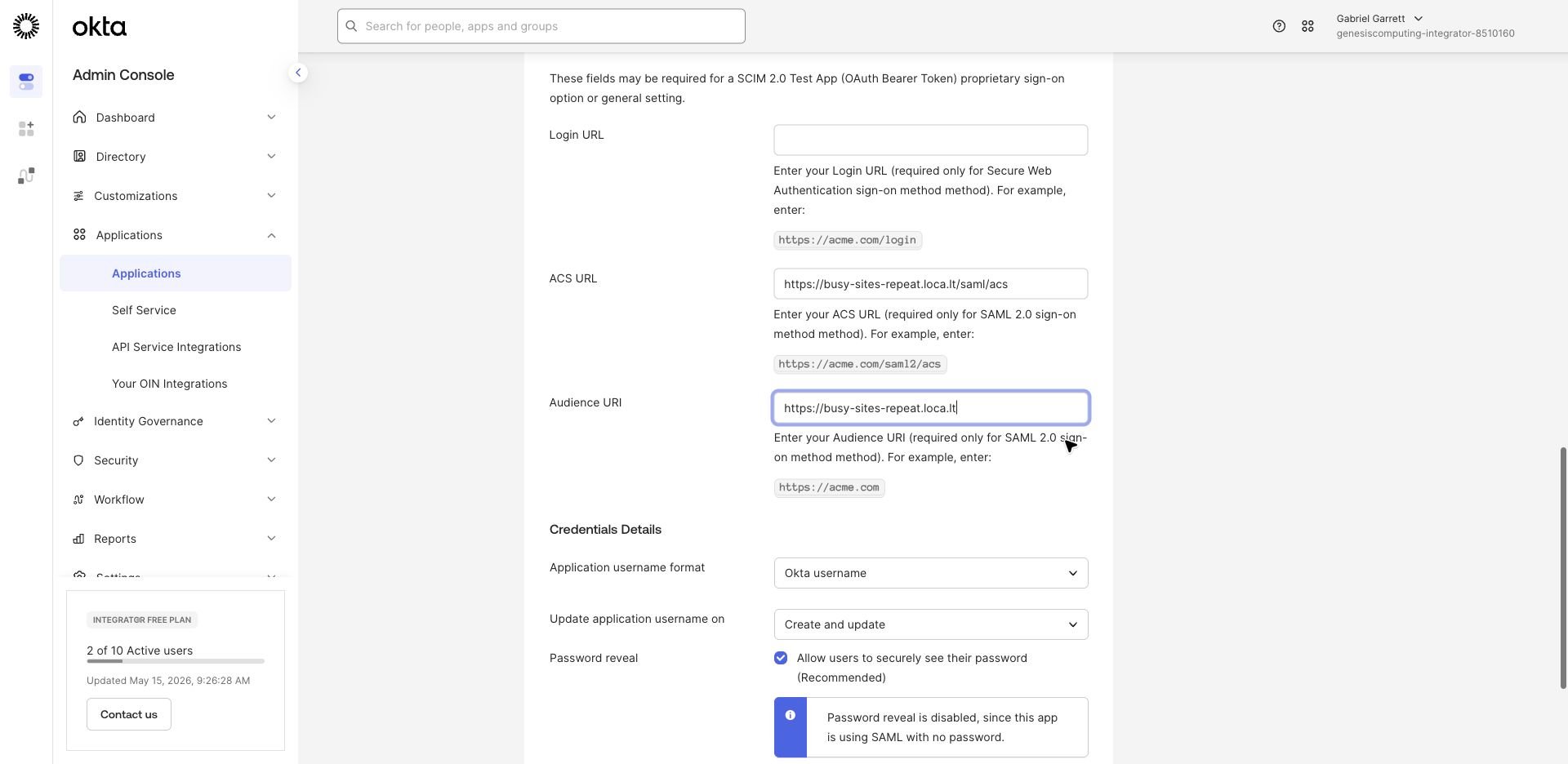 Okta Sign On settings for the SCIM test app.