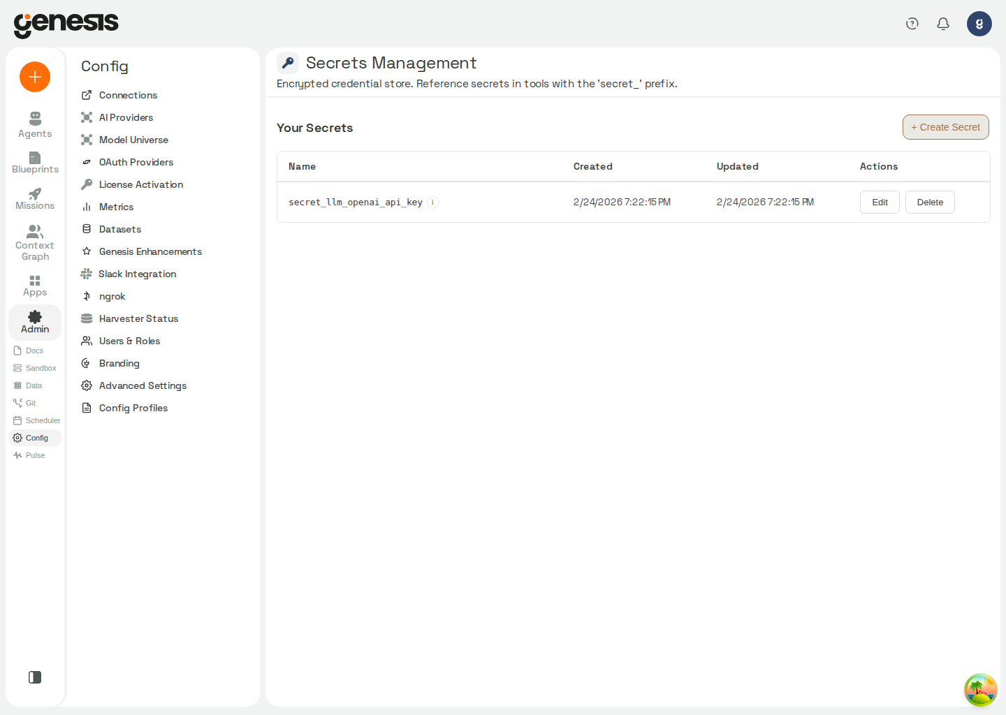 Actual Genesis Secrets Management page showing stored secrets and secret actions.