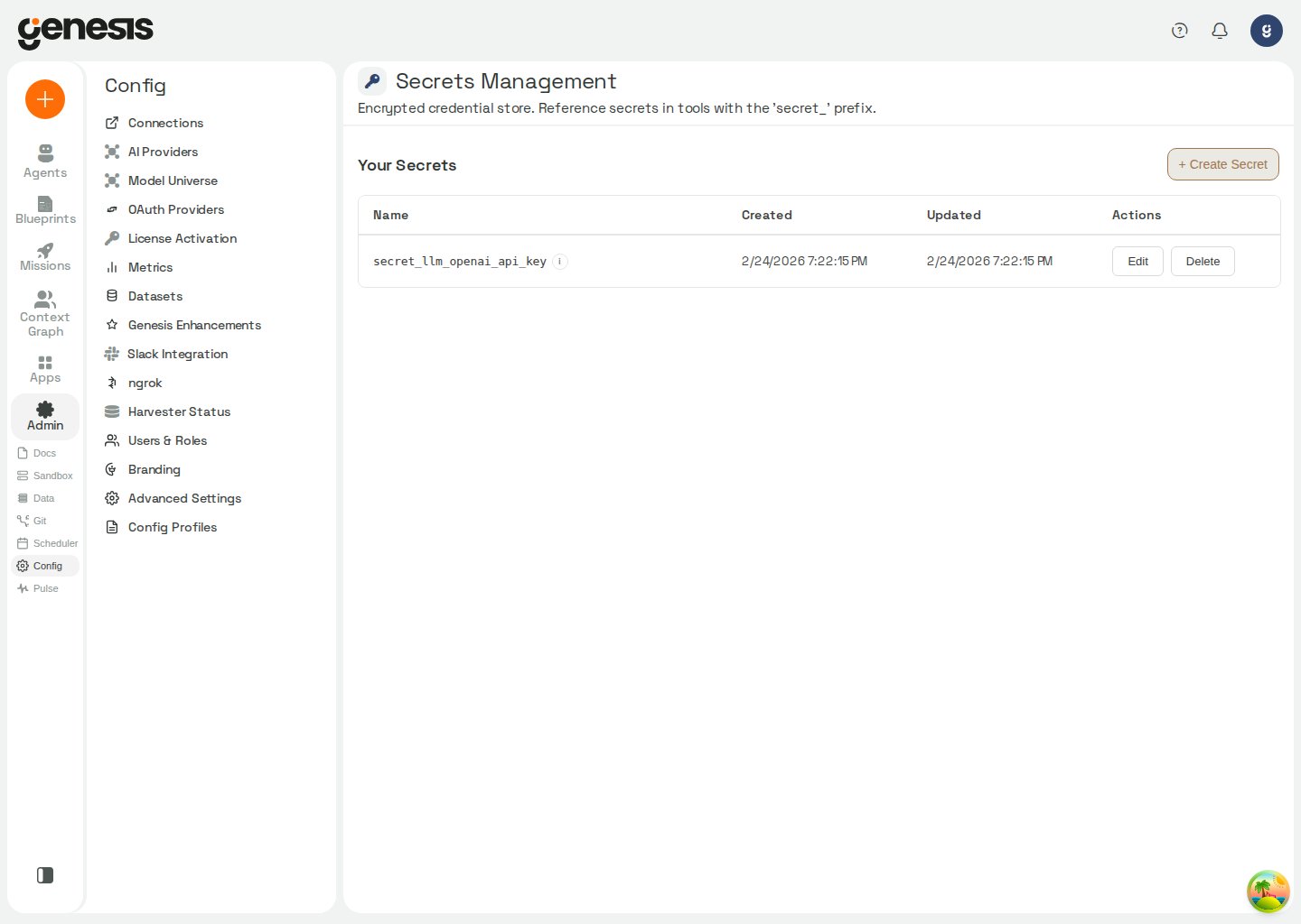 Actual Genesis Secrets Management page showing stored secrets and secret actions.