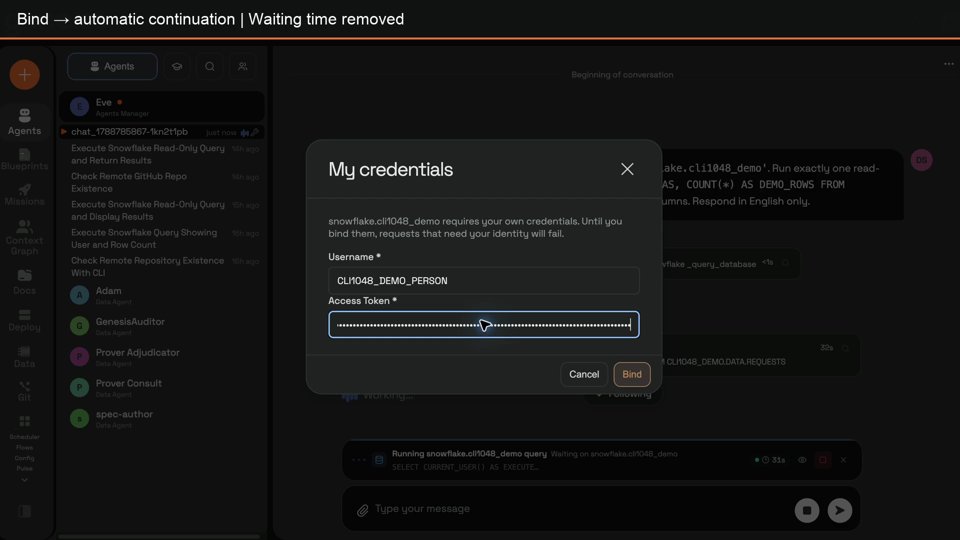 My credentials dialog opened during a chat request, with the token masked