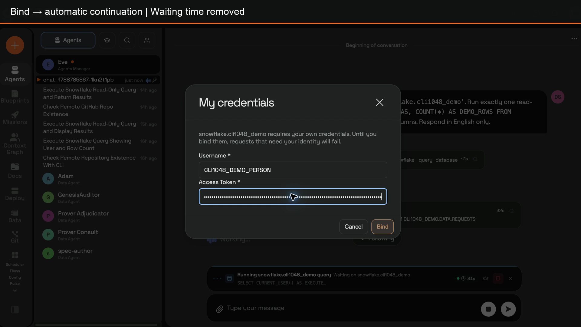 My credentials dialog opened during a chat request, with the token masked