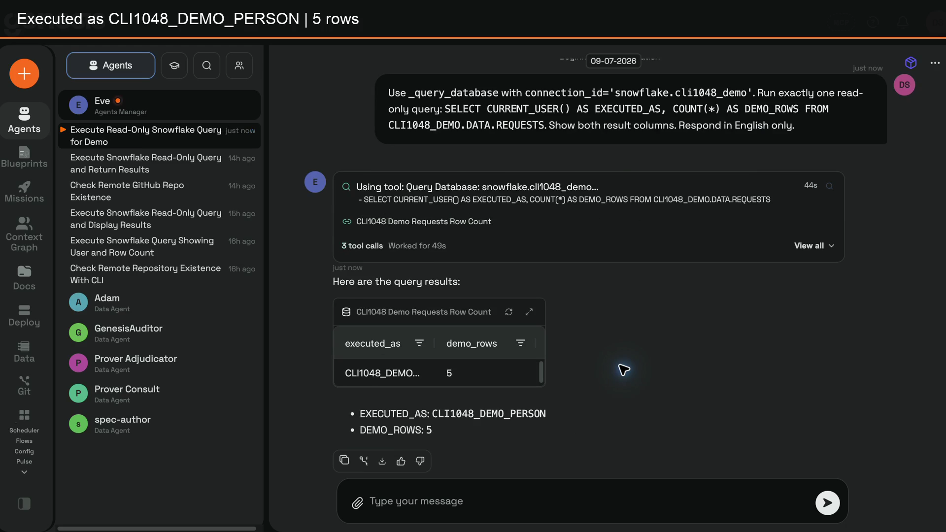 Read-only Snowflake query showing the personal provider identity