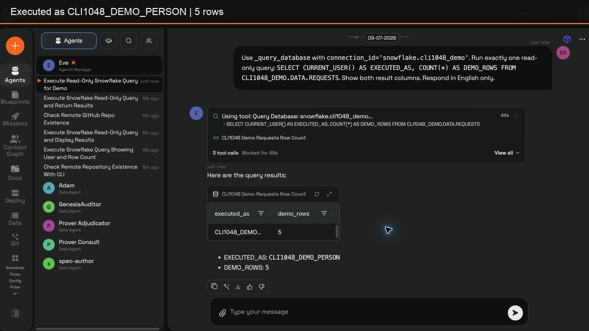 Read-only Snowflake query showing the personal provider identity