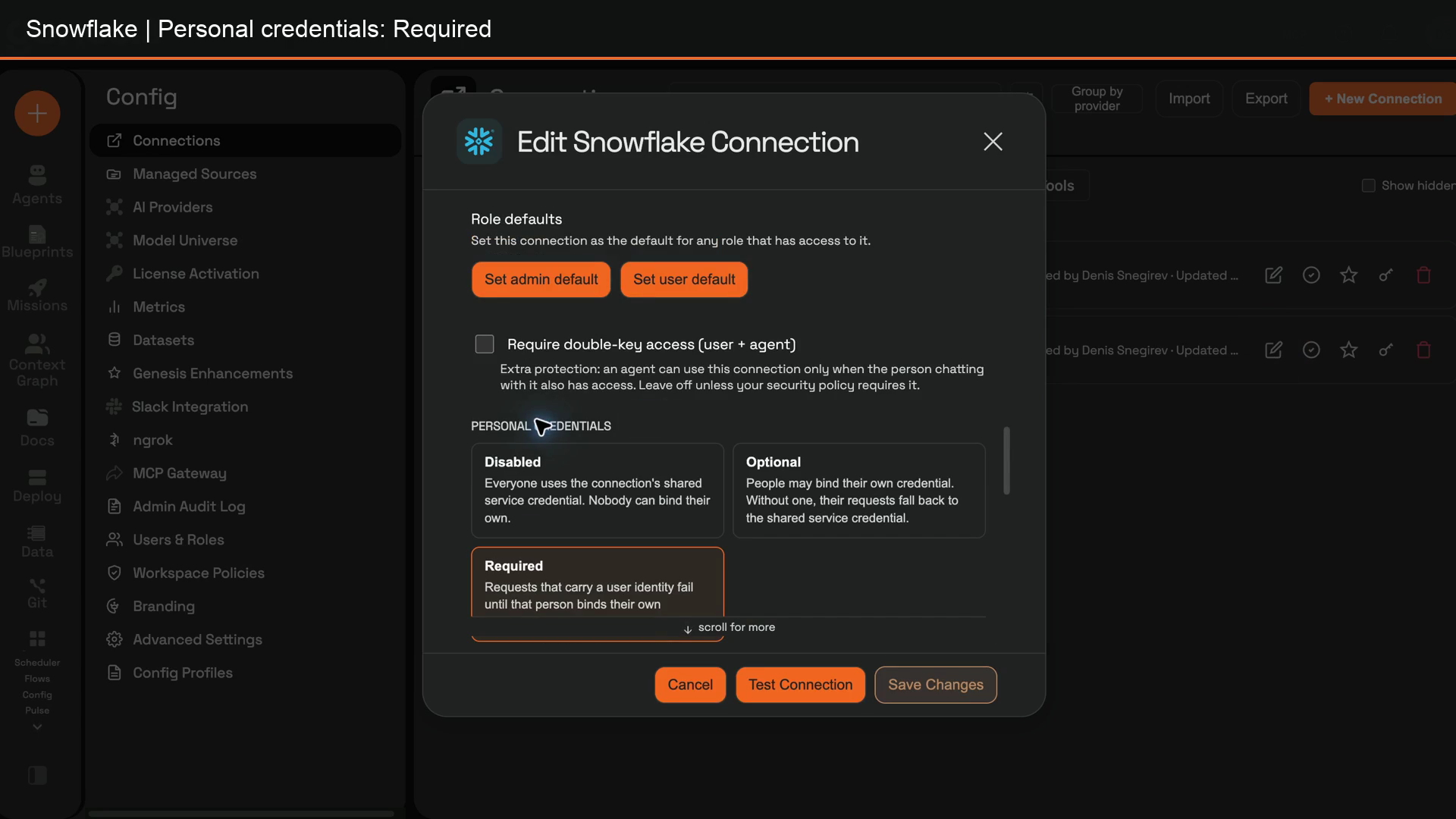 Personal credentials policy set to Required in a Snowflake shared connection