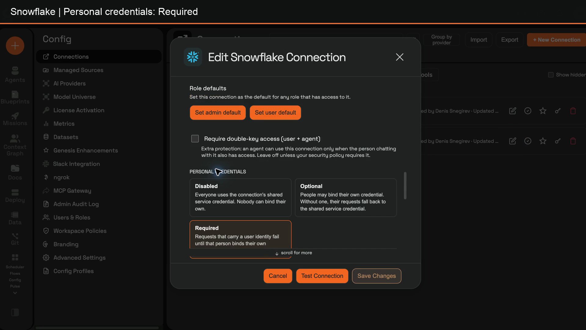 Personal credentials policy set to Required in a Snowflake shared connection