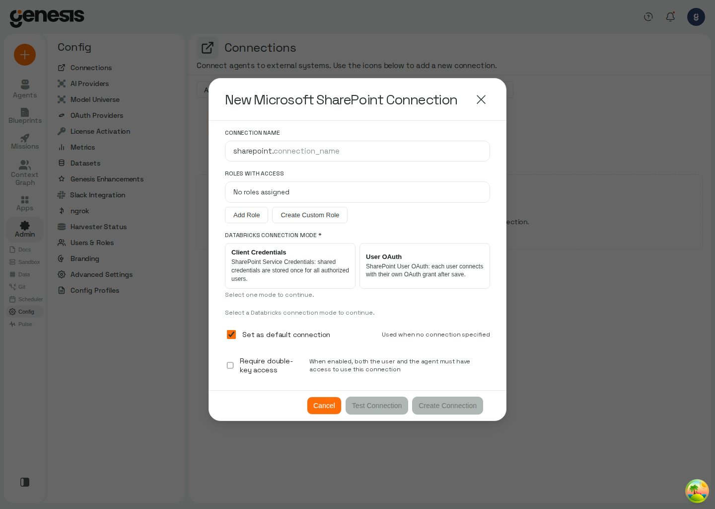 Actual Genesis New Microsoft SharePoint Connection modal showing connection mode and access settings.