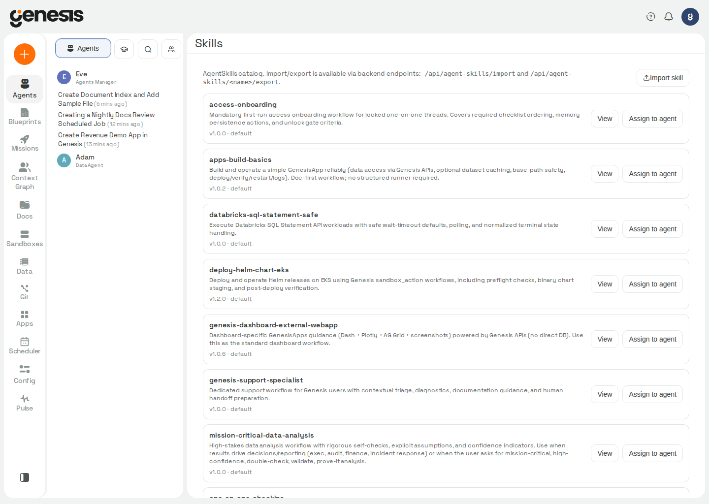 Actual Genesis Skills page showing importable skills and assign-to-agent actions.