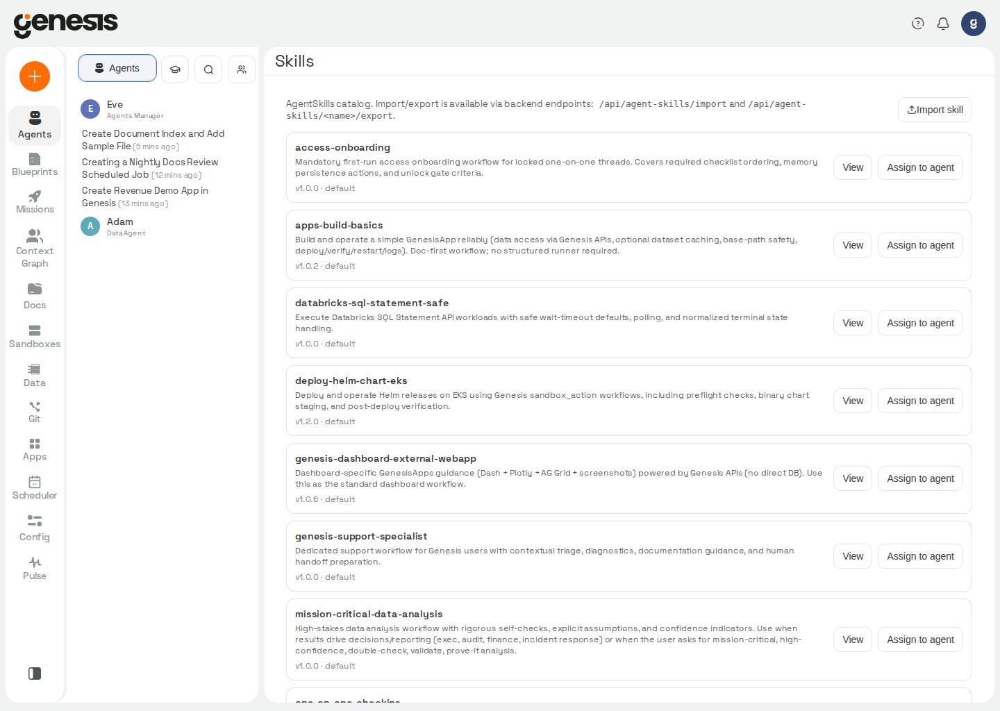 Actual Genesis Skills page showing importable skills and assign-to-agent actions.