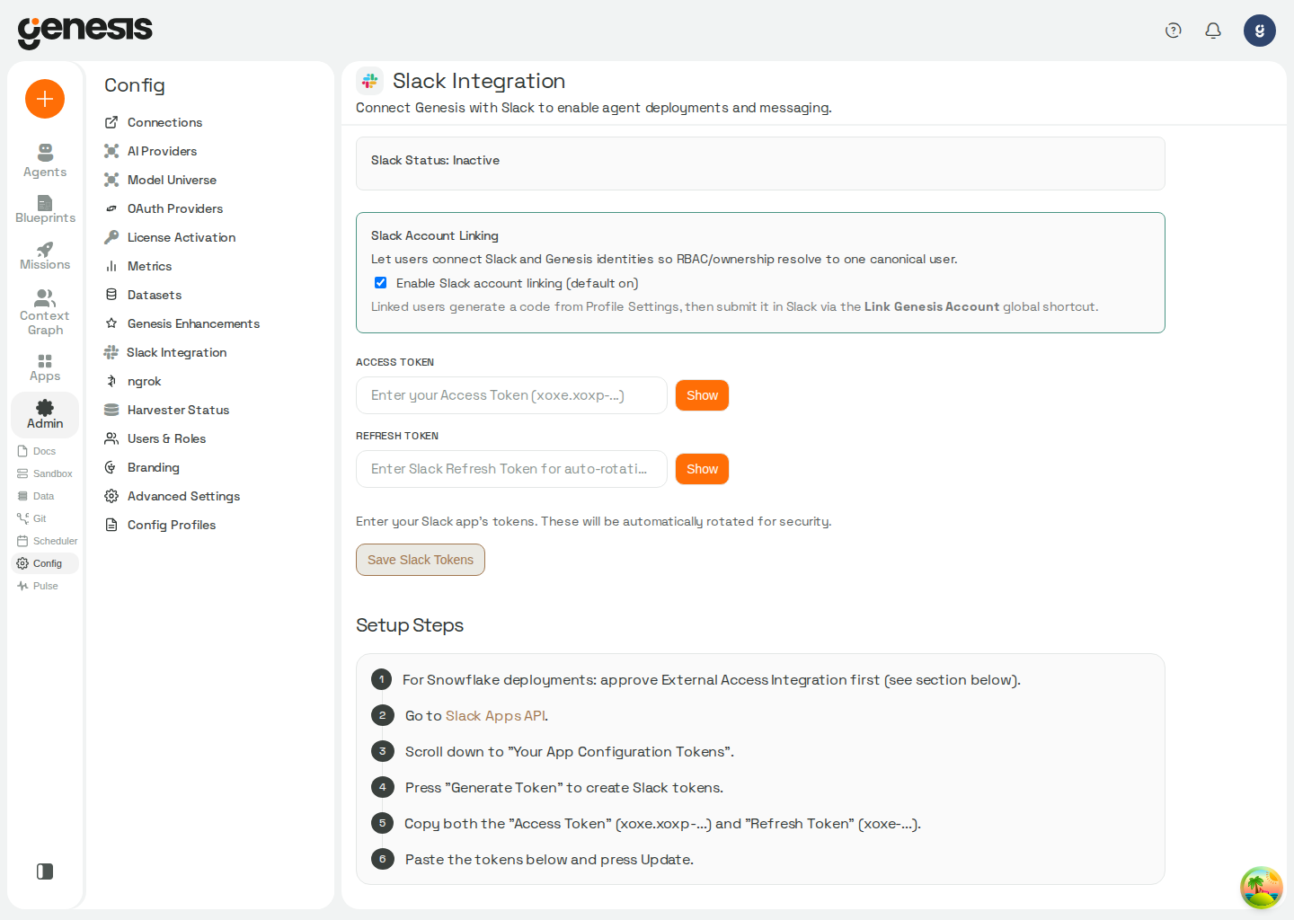 Actual Genesis Slack Integration page showing token fields, account linking, and setup steps.